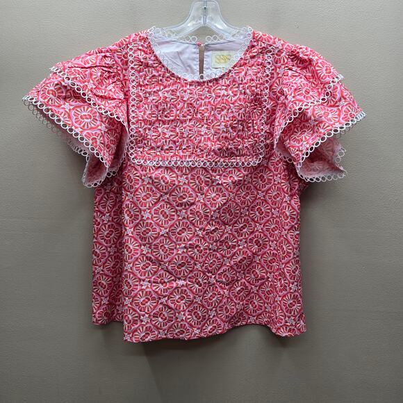 SSYS the Label Tops - SSYS the Label Blouse Top Size XL Lace Trim Pink/Orange Print Cotton Popover